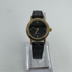 Ladies Watch Diamond Accent Leather Band Black and Gold Tone Working